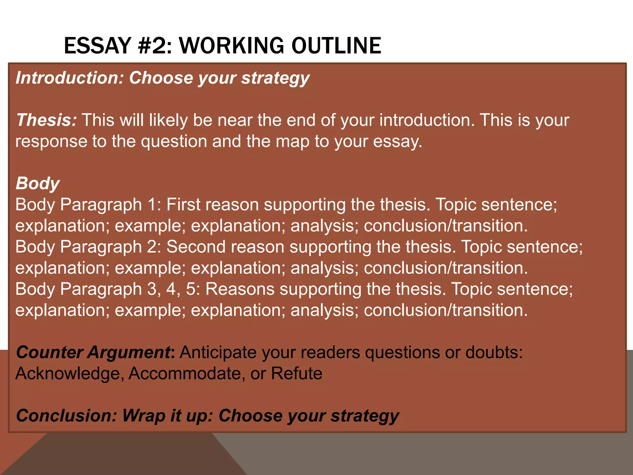 ESSAY #2: WORKING OUTLINE
Introduction: Choose your strategy

Thesis: This will likely be near the end of your introduction. This is your
response to the question and the map to your essay.

Body
Body Paragraph 1: First reason supporting the thesis. Topic sentence;
explanation; example; explanation; analysis; conclusion/transition.
Body Paragraph 2: Second reason supporting the thesis. Topic sentence;
explanation; example; explanation; analysis; conclusion/transition.
Body Paragraph 3, 4, 5: Reasons supporting the thesis. Topic sentence;
explanation; example; explanation; analysis; conclusion/transition.

Counter Argument: Anticipate your readers questions or doubts:
Acknowledge, Accommodate, or Refute

Conclusion: Wrap it up: Choose your strategy
 