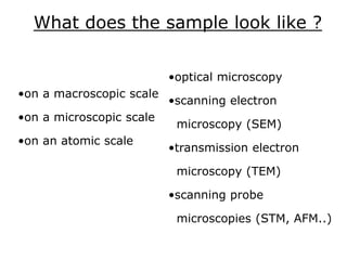 What does the sample look like ?
•on a macroscopic scale
•on a microscopic scale
•on an atomic scale
•optical microscopy
•scanning electron
microscopy (SEM)
•transmission electron
microscopy (TEM)
•scanning probe
microscopies (STM, AFM..)
 
