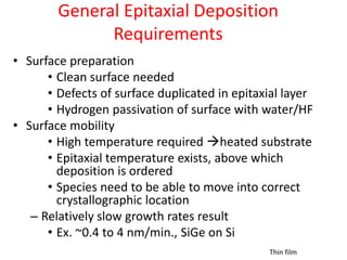General Epitaxial Deposition
Requirements
• Surface preparation
• Clean surface needed
• Defects of surface duplicated in epitaxial layer
• Hydrogen passivation of surface with water/HF
• Surface mobility
• High temperature required heated substrate
• Epitaxial temperature exists, above which
deposition is ordered
• Species need to be able to move into correct
crystallographic location
– Relatively slow growth rates result
• Ex. ~0.4 to 4 nm/min., SiGe on Si
Thin film
 
