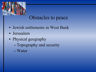 Obstacles to peace Jewish settlements in West Bank Jerusalem Physical geography Topography and security Water 