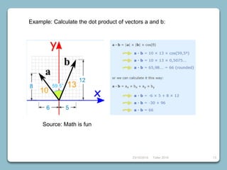 23/10/2018 Taller 2018 13
Example: Calculate the dot product of vectors a and b:
Source: Math is fun
 