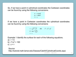 23/10/2018 Taller 2018 23
So, if we have a point in cylindrical coordinates the Cartesian coordinates
can be found by using the following conversions.
If we have a point in Cartesian coordinates the cylindrical coordinates
can be found by using the following conversions
Example 1 Identify the surface for each of the following equations.
a) r = 5
b) r2+z2 = 100
c) z = r
Source:
http://tutorial.math.lamar.edu/Classes/CalcIII/CylindricalCoords.aspx
 