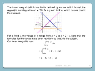 23/10/2018 Taller 2018 30
The inner integral (which has limits defined by curves which bound the
region) is an integration on x. We fix a y and look at which curves bound
the x values.
For a fixed y, the values of x range from x = y to x = 2 - y. Note that the
formulas for the curves have been rewritten so that x is the subject.
Our inner integral is now:
 