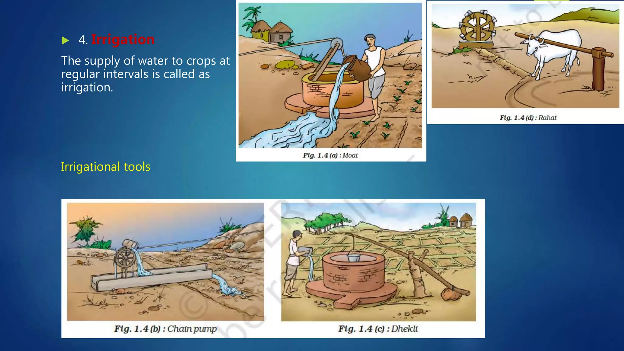  4. Irrigation
The supply of water to crops at
regular intervals is called as
irrigation.
Irrigational tools
 