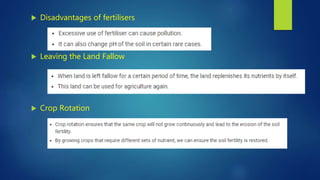  Disadvantages of fertilisers
 Leaving the Land Fallow
 Crop Rotation
 