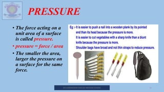 PRESSURE
• The force acting on a
unit area of a surface
is called pressure.
• pressure = force / area
• The smaller the area,
larger the pressure on
a surface for the same
force.
M.V.HERWADKAR ENGLISH MEDIUM SCHOOL 15
 