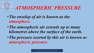 ATMOSPHERIC PRESSURE
•The envelop of air is known as the
atmosphere.
•The atmospheric air extends up to many
kilometres above the surface of the earth.
•The pressure exerted by this air is known as
atmospheric pressure.
M.V.HERWADKAR ENGLISH MEDIUM SCHOOL 18
 