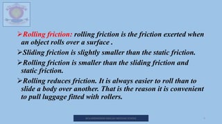 Rolling friction: rolling friction is the friction exerted when
an object rolls over a surface .
Sliding friction is slightly smaller than the static friction.
Rolling friction is smaller than the sliding friction and
static friction.
Rolling reduces friction. It is always easier to roll than to
slide a body over another. That is the reason it is convenient
to pull luggage fitted with rollers.
M.V.HERWADKAR ENGLISH MEDIUM SCHOOL 9
 