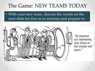 The Game: NEW TEAMS TODAY
• With your new team, discuss the words on the
next slide for five or so minutes and prepare to
compete
 