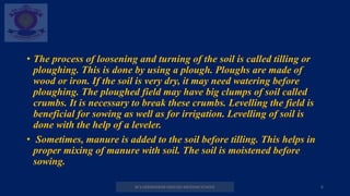 M.V.HERWADKAR ENGLISH MEDIUM SCHOOL 6
• The process of loosening and turning of the soil is called tilling or
ploughing. This is done by using a plough. Ploughs are made of
wood or iron. If the soil is very dry, it may need watering before
ploughing. The ploughed field may have big clumps of soil called
crumbs. It is necessary to break these crumbs. Levelling the field is
beneficial for sowing as well as for irrigation. Levelling of soil is
done with the help of a leveler.
• Sometimes, manure is added to the soil before tilling. This helps in
proper mixing of manure with soil. The soil is moistened before
sowing.
 