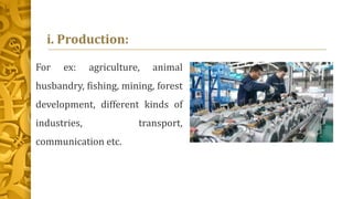 For ex: agriculture, animal
husbandry, fishing, mining, forest
development, different kinds of
industries, transport,
communication etc.
i. Production:
 