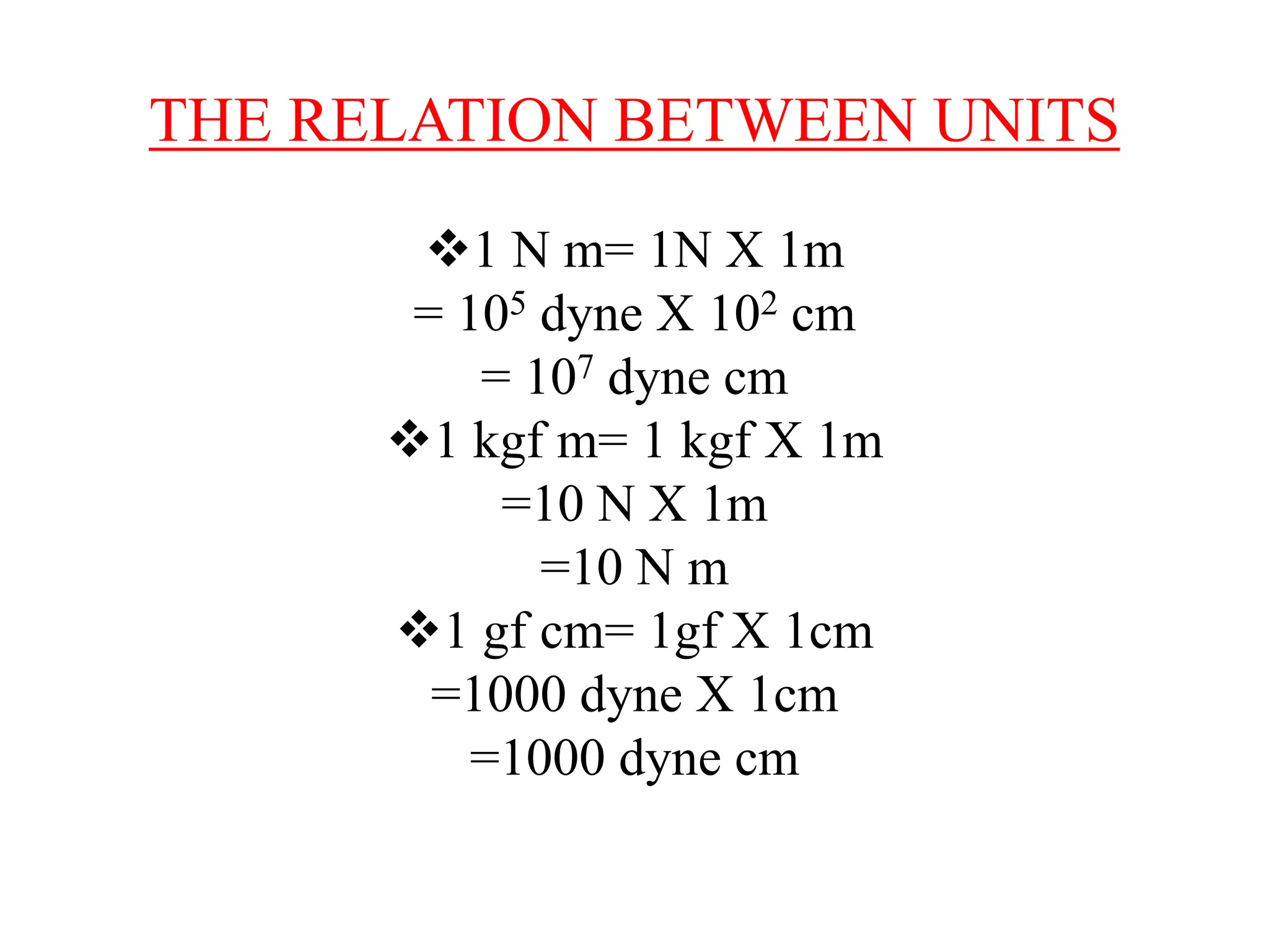 THE RELATION BETWEEN UNITS
1 N m= 1N X 1m
= 105 dyne X 102 cm
= 107 dyne cm
1 kgf m= 1 kgf X 1m
=10 N X 1m
=10 N m
1 gf cm= 1gf X 1cm
=1000 dyne X 1cm
=1000 dyne cm
 
