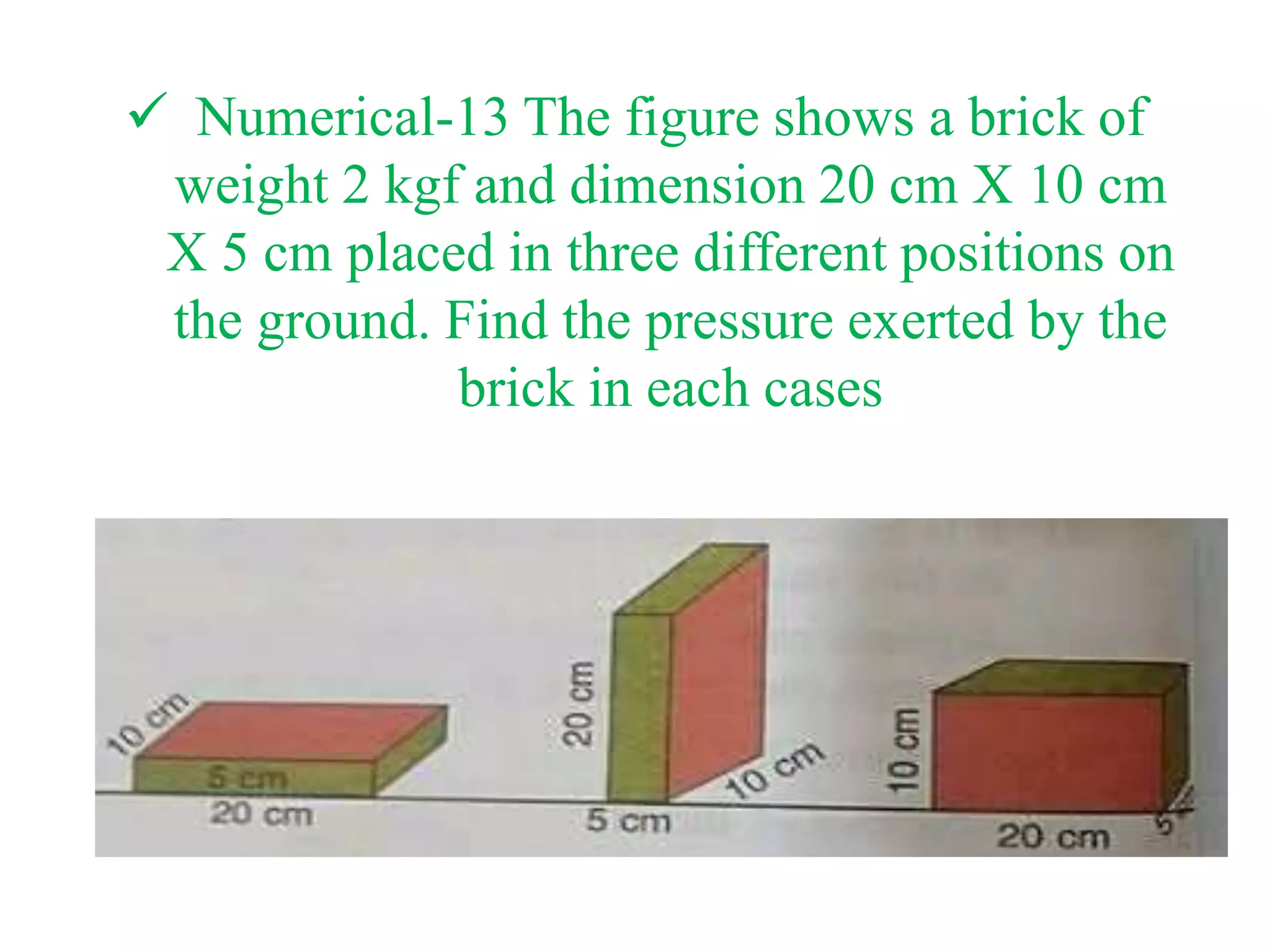  Numerical-13 The figure shows a brick of
weight 2 kgf and dimension 20 cm X 10 cm
X 5 cm placed in three different positions on
the ground. Find the pressure exerted by the
brick in each cases
 