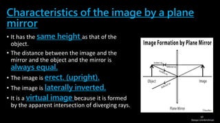Characteristics of the image by a plane
mirror
• It has the same height as that of the
object.
• The distance between the image and the
mirror and the object and the mirror is
always equal.
• The image is erect. (upright).
• The image is laterally inverted.
• It is a virtual image because it is formed
by the apparent intersection of diverging rays.
Deepa Unnikrishnan
10
 