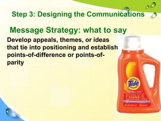 Message Strategy: what to say
Copyright © 2011 Pearson
Develop appeals, themes, or ideas
that tie into positioning and establish
points-of-difference or points-of-
parity
Step 3: Designing the Communications
 