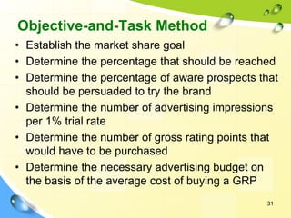 31
Objective-and-Task Method
• Establish the market share goal
• Determine the percentage that should be reached
• Determine the percentage of aware prospects that
should be persuaded to try the brand
• Determine the number of advertising impressions
per 1% trial rate
• Determine the number of gross rating points that
would have to be purchased
• Determine the necessary advertising budget on
the basis of the average cost of buying a GRP
 