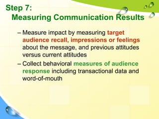 Step 7:
Measuring Communication Results
– Measure impact by measuring target
audience recall, impressions or feelings
about the message, and previous attitudes
versus current attitudes
– Collect behavioral measures of audience
response including transactional data and
word-of-mouth
49
 
