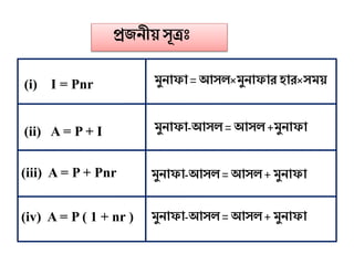 প্রজনীয় সূত্রাঃ
(i) I = Pnr
(ii) A = P + I
(iii) A = P + Pnr
(iv) A = P ( 1 + nr )
মুনাফা = আস ×মুনাফার িার×সময়
মুনাফা-আস = আস +মুনাফা
মুনাফা-আস = আস + মুনাফা
মুনাফা-আস = আস + মুনাফা
 
