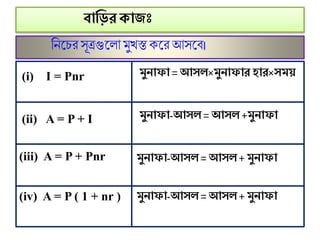 বামির োজাঃ
ণনসির েূত্রগুসলা ুখস্তকসরআেসি।
(i) I = Pnr
(ii) A = P + I
(iii) A = P + Pnr
(iv) A = P ( 1 + nr )
মুনাফা = আস ×মুনাফার িার×সময়
মুনাফা-আস = আস +মুনাফা
মুনাফা-আস = আস + মুনাফা
মুনাফা-আস = আস + মুনাফা
 