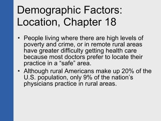 Demographic Factors: Location, Chapter 18 People living where there are high levels of poverty and crime, or in remote rural areas have greater difficulty getting health care because most doctors prefer to locate their practice in a “safe” area. Although rural Americans make up 20% of the U.S. population, only 9% of the nation’s physicians practice in rural areas. 