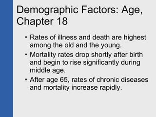 Demographic Factors: Age, Chapter 18 Rates of illness and death are highest among the old and the young.  Mortality rates drop shortly after birth and begin to rise significantly during middle age. After age 65, rates of chronic diseases and mortality increase rapidly. 