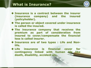 What is Insurance?
 Insurance is a contract between the insurer
(insurance company) and the insured
(policyholder).
 The...