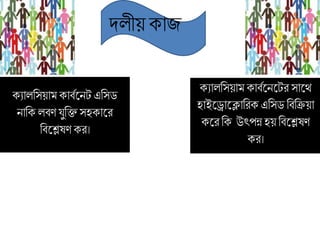 দলীয় োজ
েযালবসয়াম োববকনট এবসড
নাবে লবি যুবি সহোকি
ববকেষি েি।
েযালবসয়াম োববকনকটি সাকর্থ
হাইকরাকলাবিে এবসড বববিয়া
েকি বে উৎপন্ন হয় ববকেষি
েি।
 