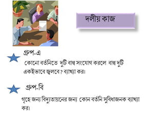 দলীয়োজ
গ্রুপ-এ
শ্রোকনা বতত রনকত দুটি বাল্ব সংক াগ েিকল বাল্ব দুটি
এেইোকব জ্বলকব ? বযাখ্যা েি।
গ্রুপ-রব
গৃকহ জনয রবদুযতায়কনি জনয শ্রোন বতত রন সুরবধাজনে বযাখ্যা
েি।
 