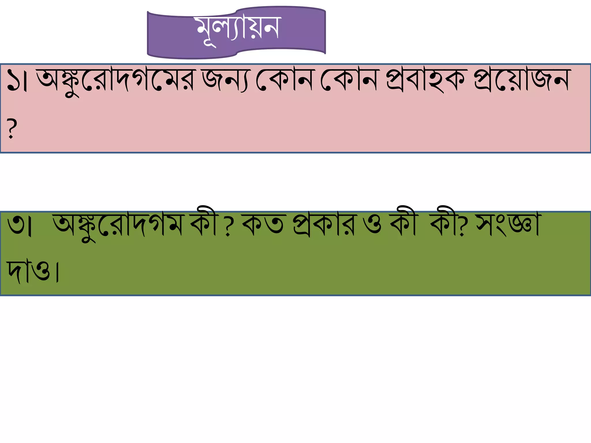 ১। অঙ্কুকিাদগকমিজনযশ্রোন শ্রোন প্রবাহে প্রকয়াজন
?
৩। অঙ্কুকিাদগমেী ? েি প্রোিও েী েী?সংজ্ঞা
দাও।
মূলযায়ন
 