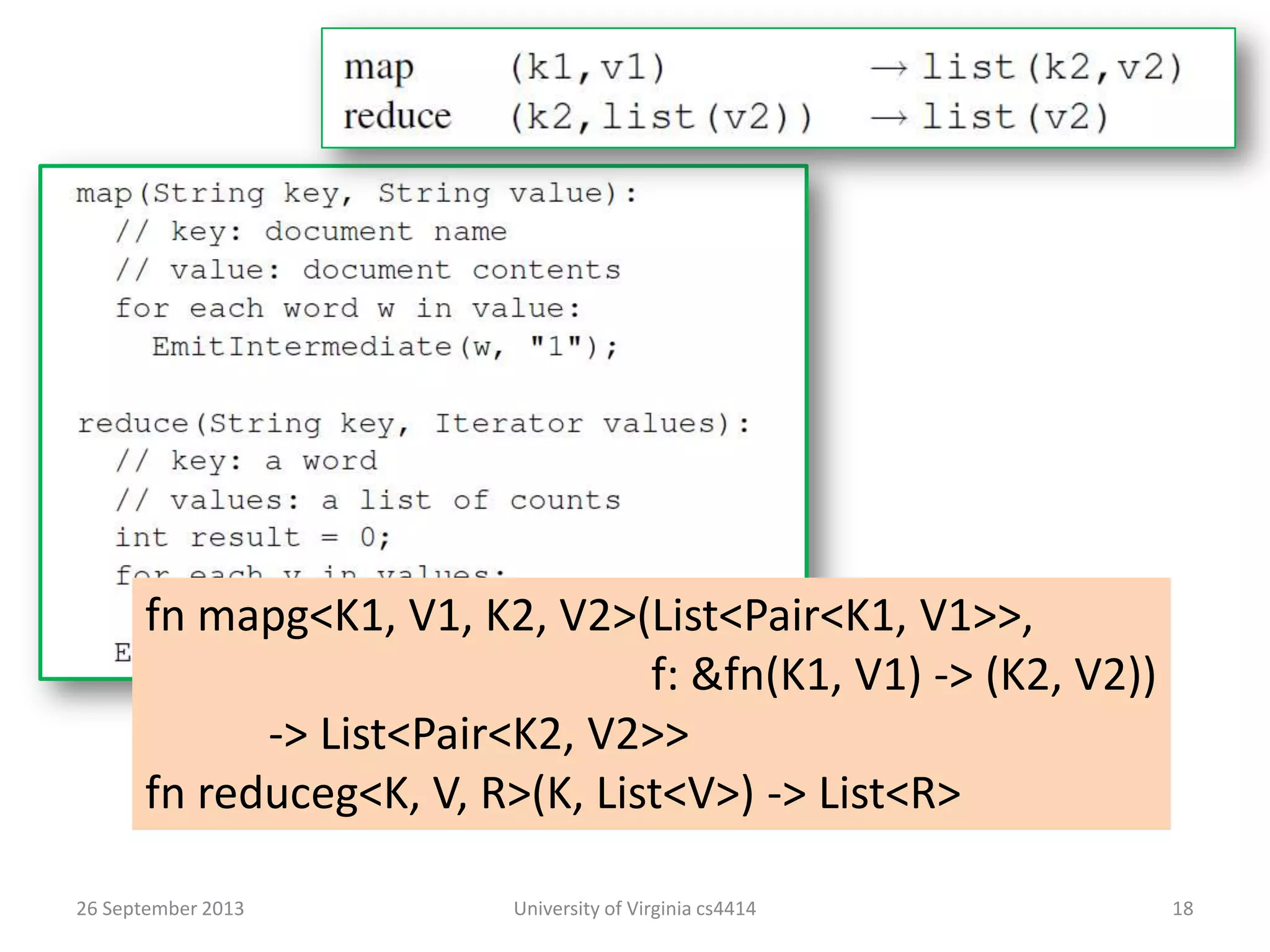 26 September 2013 University of Virginia cs4414 18
fn mapg<K1, V1, K2, V2>(List<Pair<K1, V1>>,
f: &fn(K1, V1) -> (K2, V2))
-> List<Pair<K2, V2>>
fn reduceg<K, V, R>(K, List<V>) -> List<R>
 