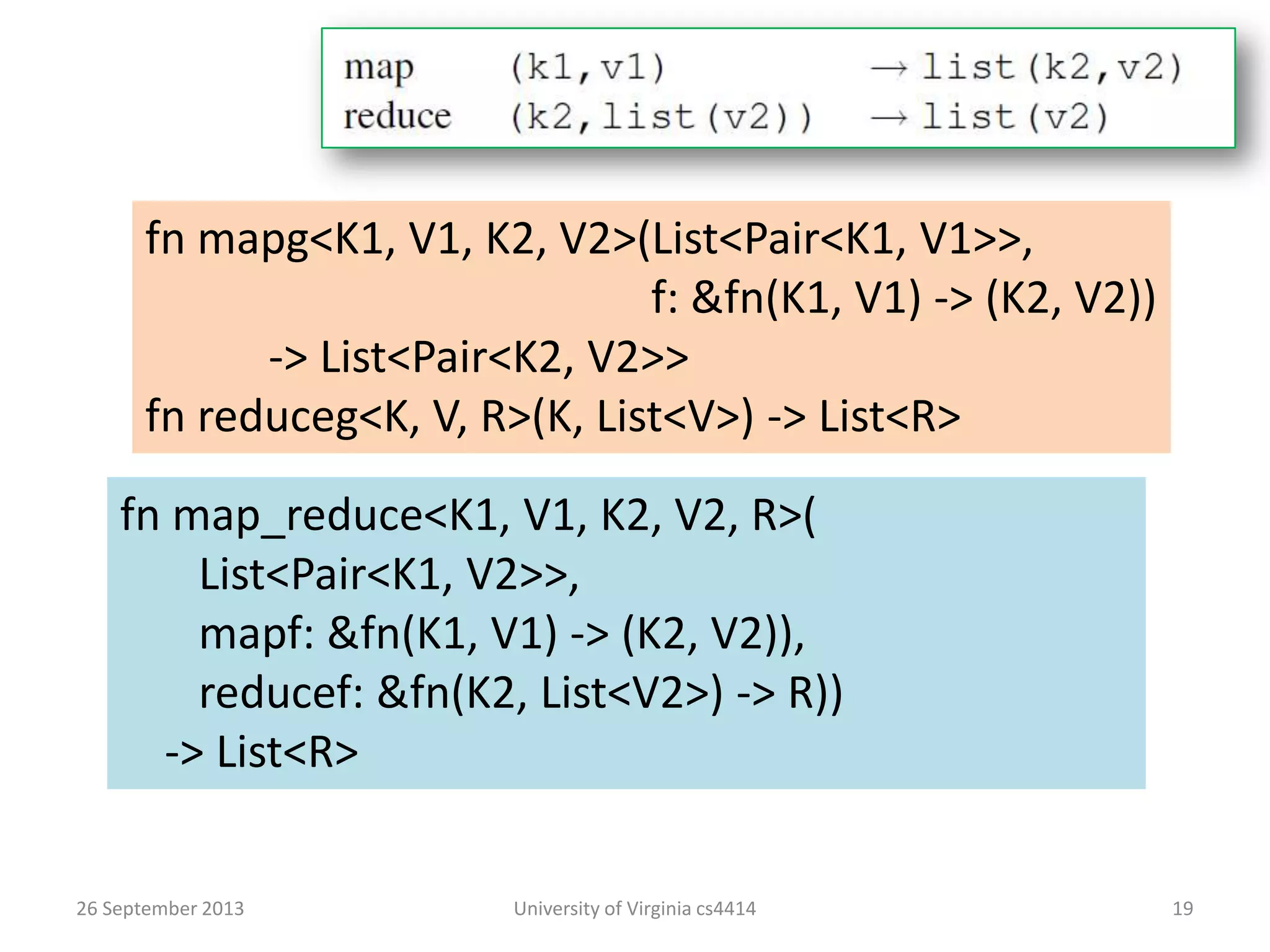 26 September 2013 University of Virginia cs4414 19
fn mapg<K1, V1, K2, V2>(List<Pair<K1, V1>>,
f: &fn(K1, V1) -> (K2, V2))
-> List<Pair<K2, V2>>
fn reduceg<K, V, R>(K, List<V>) -> List<R>
fn map_reduce<K1, V1, K2, V2, R>(
List<Pair<K1, V2>>,
mapf: &fn(K1, V1) -> (K2, V2)),
reducef: &fn(K2, List<V2>) -> R))
-> List<R>
 