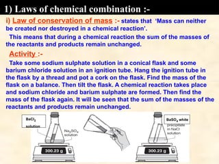 1) Laws of chemical combination :-
i) Law of conservation of mass :- states that ‘Mass can neither
be created nor destroyed in a chemical reaction’.
This means that during a chemical reaction the sum of the masses of
the reactants and products remain unchanged.
Activity :-
Take some sodium sulphate solution in a conical flask and some
barium chloride solution in an ignition tube. Hang the ignition tube in
the flask by a thread and pot a cork on the flask. Find the mass of the
flask on a balance. Then tilt the flask. A chemical reaction takes place
and sodium chloride and barium sulphate are formed. Then find the
mass of the flask again. It will be seen that the sum of the masses of the
reactants and products remain unchanged.
BaCl2
solution
BaSO4 white
 