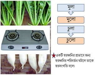 ুো
ুলো
চু ো
চু লো
এক্টি স্বরধ্বব্রনর প্রভালি অনয
স্বরধ্বব্রনর পব্ররিতত ন ঘটলে তালক্
স্বরসাংগব্রত িলে।
 