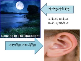 পূলণণন্দু=পূণণ+ইন্দু
েবলণব্রন্দ্রয়=েবণ+ইব্রন্দ্রয়
অ+ই=এ /আ+ই=এ
অ+ঈ=এ / আ+ঈ=এ
 