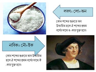 লবণ= মলা+অন
নাব্রবক্=মনৌ+ইক্
মক্ান শলব্দর শুরুলতঅব
উচ্চাব্ররত হলল ঐ শলব্দর প্রেম
বলণণর সালেও -ক্ার র্ুক্ত হলব।
মক্ান শলব্দর শুরুলতআব উচ্চাব্ররত
হলল ঐ শলব্দর প্রেম বলণণর সালেঔ
-ক্ার র্ুক্ত হলব।
 