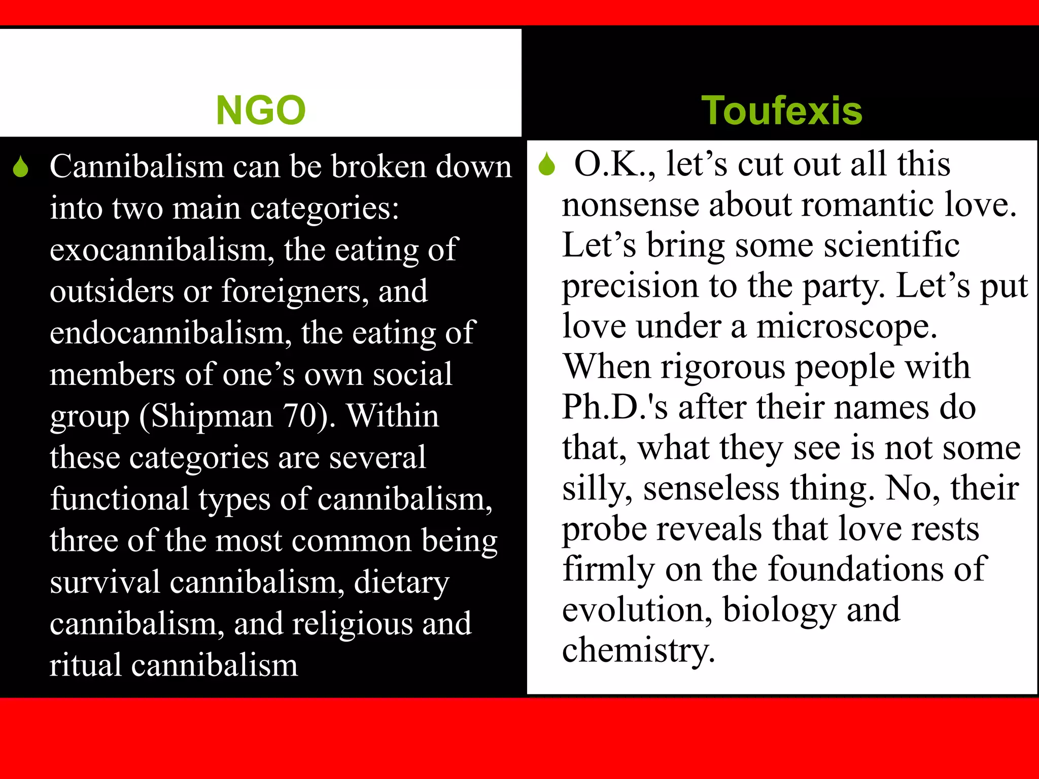 NGO
S Cannibalism can be broken down
into two main categories:
exocannibalism, the eating of
outsiders or foreigners, and
endocannibalism, the eating of
members of one’s own social
group (Shipman 70). Within
these categories are several
functional types of cannibalism,
three of the most common being
survival cannibalism, dietary
cannibalism, and religious and
ritual cannibalism
Toufexis
S O.K., let’s cut out all this
nonsense about romantic love.
Let’s bring some scientific
precision to the party. Let’s put
love under a microscope.
When rigorous people with
Ph.D.'s after their names do
that, what they see is not some
silly, senseless thing. No, their
probe reveals that love rests
firmly on the foundations of
evolution, biology and
chemistry.
 