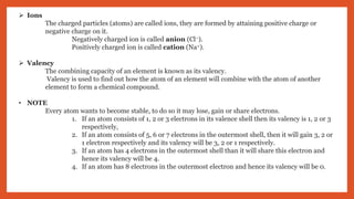  Ions
The charged particles (atoms) are called ions, they are formed by attaining positive charge or
negative charge on it.
Negatively charged ion is called anion (Cl–).
Positively charged ion is called cation (Na+).
 Valency
The combining capacity of an element is known as its valency.
Valency is used to find out how the atom of an element will combine with the atom of another
element to form a chemical compound.
• NOTE
Every atom wants to become stable, to do so it may lose, gain or share electrons.
1. If an atom consists of 1, 2 or 3 electrons in its valence shell then its valency is 1, 2 or 3
respectively,
2. If an atom consists of 5, 6 or 7 electrons in the outermost shell, then it will gain 3, 2 or
1 electron respectively and its valency will be 3, 2 or 1 respectively.
3. If an atom has 4 electrons in the outermost shell than it will share this electron and
hence its valency will be 4.
4. If an atom has 8 electrons in the outermost electron and hence its valency will be 0.
 