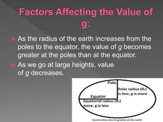  As the radius of the earth increases from the
poles to the equator, the value of g becomes
greater at the poles than at the equator.
 As we go at large heights, value
of g decreases.
 