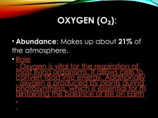 OXYGEN (O )
₂ :
• Abundance: Makes up about 21% of
the atmosphere.
• Role
: Oxygen is vital for the respiration of
most living organisms. It allows cells to
convert food into energy. Additionally
, oxygen is produced by plants during
photosynthesis, which is essential for m
aintaining the balance of life on Earth
.
 