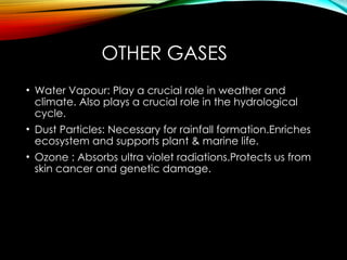 OTHER GASES
• Water Vapour: Play a crucial role in weather and
climate. Also plays a crucial role in the hydrological
cycle.
• Dust Particles: Necessary for rainfall formation.Enriches
ecosystem and supports plant & marine life.
• Ozone : Absorbs ultra violet radiations.Protects us from
skin cancer and genetic damage.
 