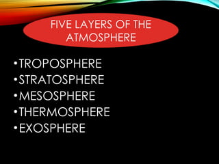 •TROPOSPHERE
•STRATOSPHERE
•MESOSPHERE
•THERMOSPHERE
•EXOSPHERE
FIVE LAYERS OF THE
ATMOSPHERE
 