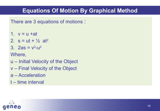 10
Equations Of Motion By Graphical Method
There are 3 equations of motions :
1. v = u +at
2. s = ut + ½ at2
3. 2as = v2
-u2
Where,
u – Initial Velocity of the Object
v – Final Velocity of the Object
a – Acceleration
t – time interval
 