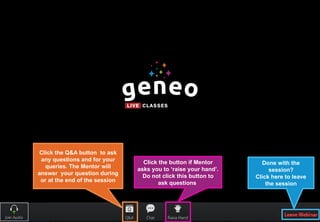 Click the Q&A button to ask
any questions and for your
queries. The Mentor will
answer your question during
or at the end of the session
Click the button if Mentor
asks you to ‘raise your hand’.
Do not click this button to
ask questions
Done with the
session?
Click here to leave
the session
 