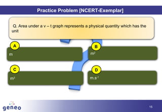 Objectives
15
Practice Problem [NCERT-Exemplar]
Q. Area under a v – t graph represents a physical quantity which has the
unit
m
m3 m.s-1
m2
A B
C D
 