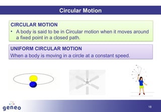 18
Circular Motion
CIRCULAR MOTION
• A body is said to be in Circular motion when it moves around
a fixed point in a closed path.
UNIFORM CIRCULAR MOTION
When a body is moving in a circle at a constant speed.
 