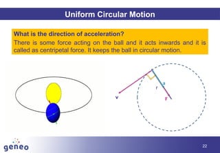 22
What is the direction of acceleration?
There is some force acting on the ball and it acts inwards and it is
called as centripetal force. It keeps the ball in circular motion.
r
v F
a
Uniform Circular Motion
 