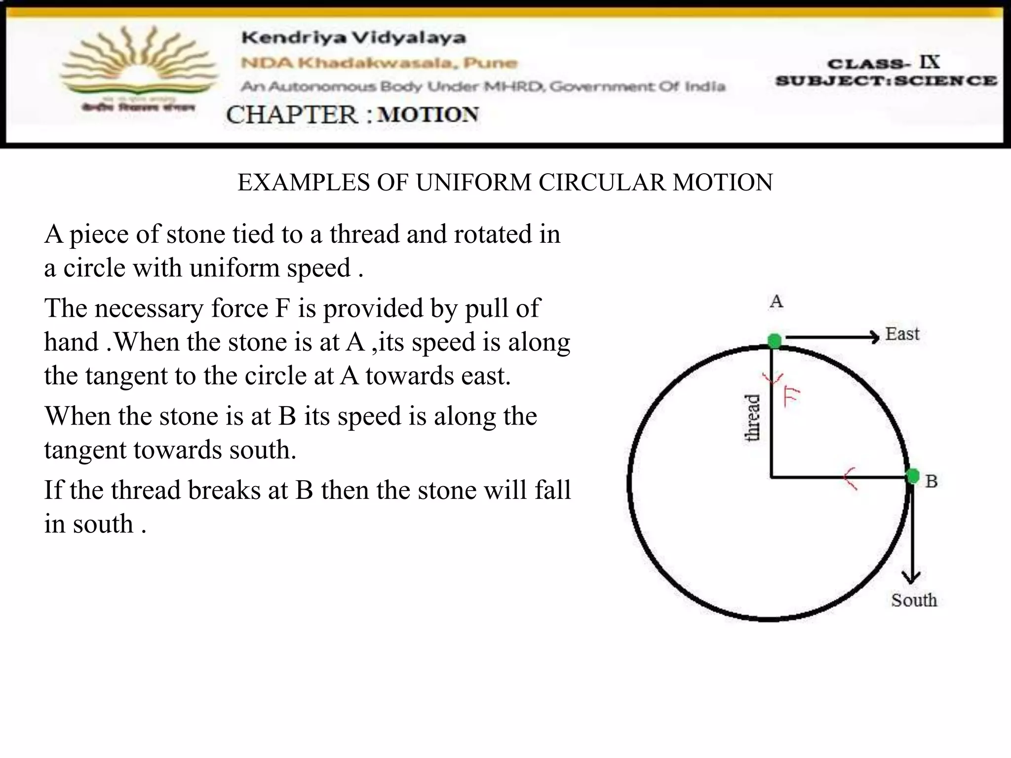 EXAMPLES OF UNIFORM CIRCULAR MOTION
A piece of stone tied to a thread and rotated in
a circle with uniform speed .
The necessary force F is provided by pull of
hand .When the stone is at A ,its speed is along
the tangent to the circle at A towards east.
When the stone is at B its speed is along the
tangent towards south.
If the thread breaks at B then the stone will fall
in south .
 
