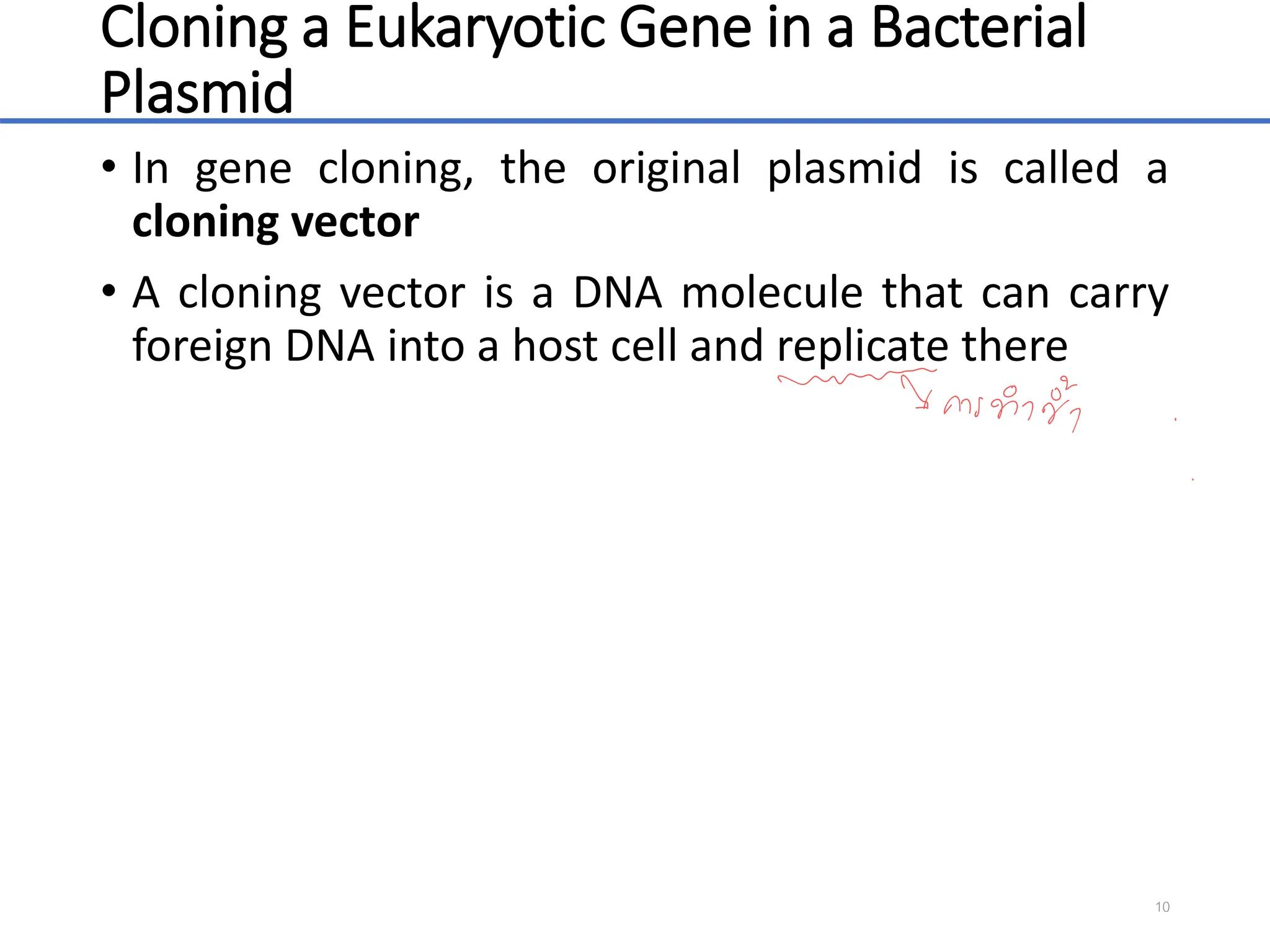 Cloning a Eukaryotic Gene in a Bacterial
Plasmid
• In gene cloning, the original plasmid is called a
cloning vector
• A cloning vector is a DNA molecule that can carry
foreign DNA into a host cell and replicate there
10
 