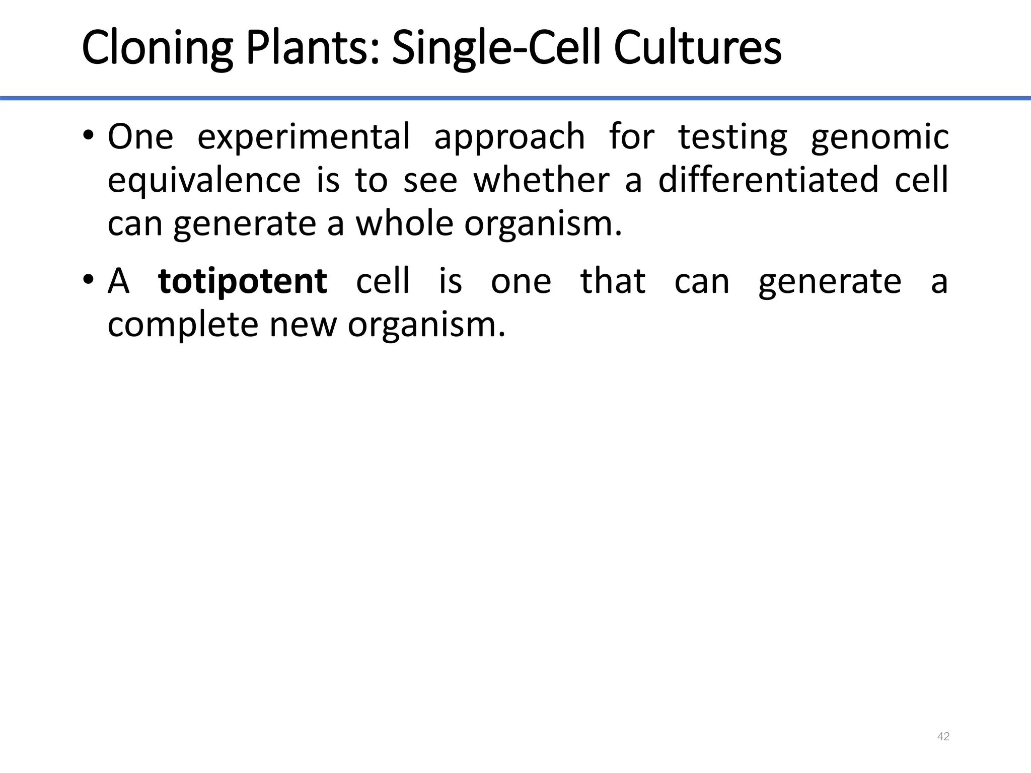 Cloning Plants: Single-Cell Cultures
• One experimental approach for testing genomic
equivalence is to see whether a differentiated cell
can generate a whole organism.
• A totipotent cell is one that can generate a
complete new organism.
42
 