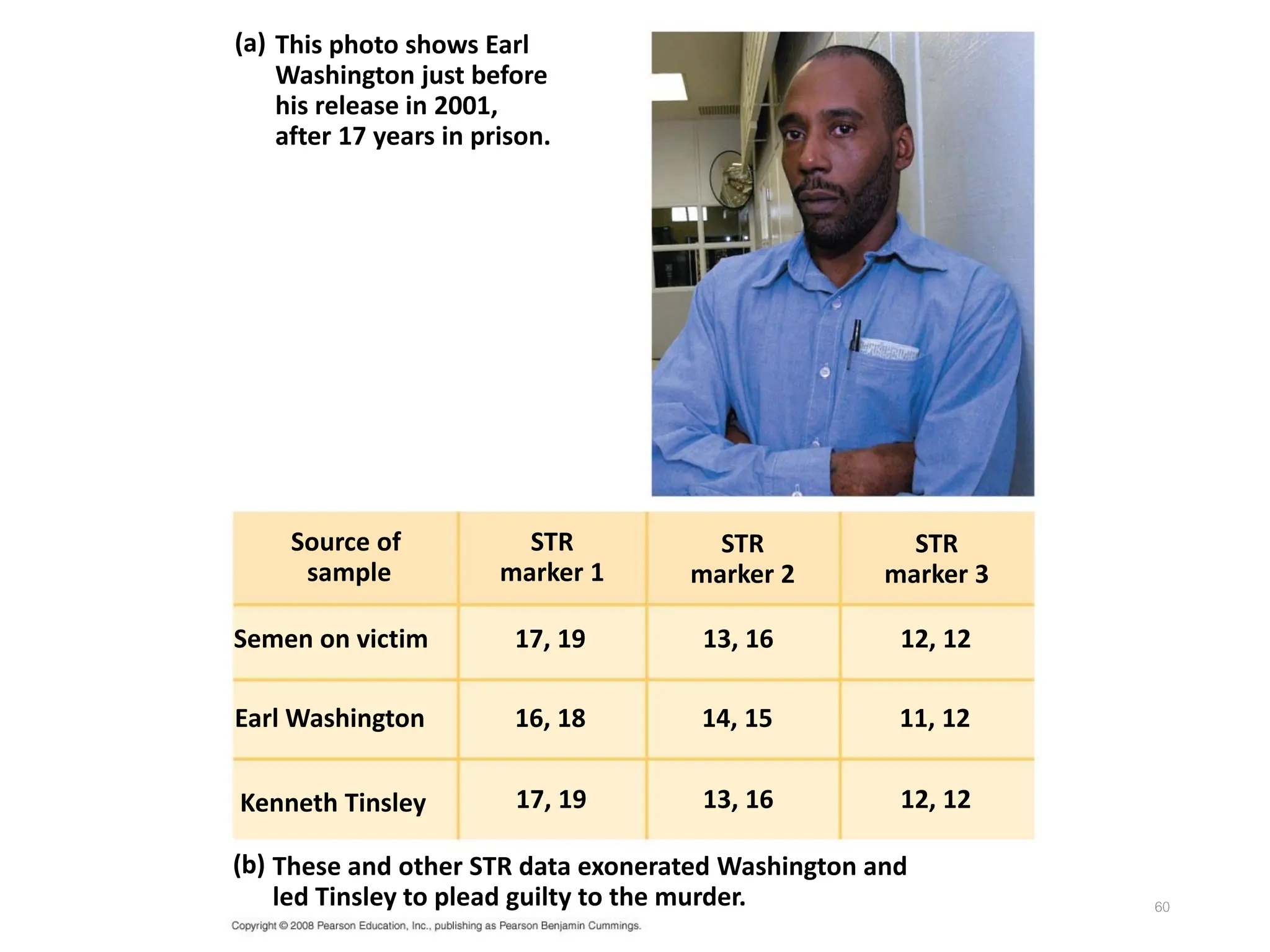 60
This photo shows Earl
Washington just before
his release in 2001,
after 17 years in prison.
These and other STR data exonerated Washington and
led Tinsley to plead guilty to the murder.
(a)
Semen on victim
Earl Washington
Source of
sample
Kenneth Tinsley
STR
marker 1
STR
marker 2
STR
marker 3
(b)
17, 19
16, 18
17, 19
13, 16 12, 12
14, 15 11, 12
13, 16 12, 12
 